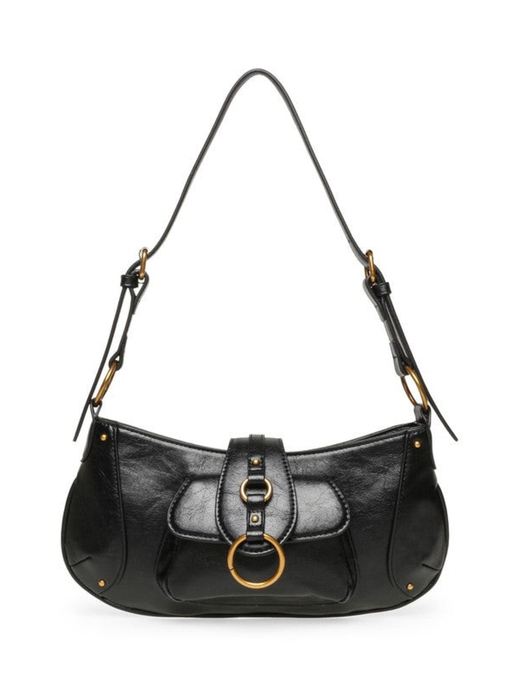 Steve Madden Black Leather Shoulder Bag with Gold Ring Detail